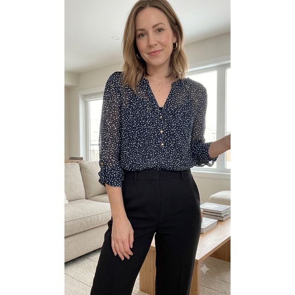 The Limited Tops - The Limited Navy Blue Heart Print Sheer Blouse Gold Button Roll Tab Sleeve S